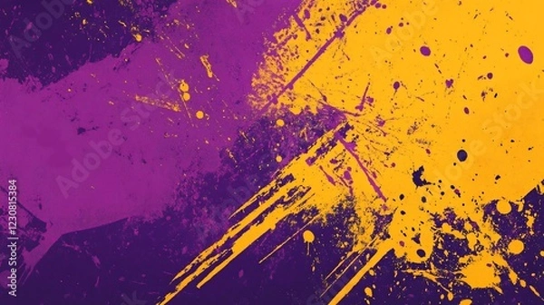 Fototapeta Abstract paint splatter background with vibrant yellow and purple color palette for designs