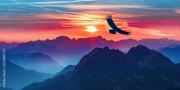 Fototapeta Majestic eagle soaring over layered mountain silhouettes under a vibrant sunset sky, creating a dramatic and inspiring natural scene