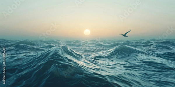 Fototapeta Tranquil ocean waves under a soft sunset sky with a lone seagull soaring above, creating a peaceful and serene seascape