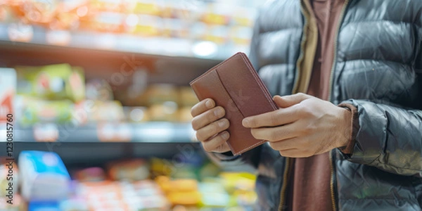 Fototapeta Man holding a brown leather wallet in a supermarket aisle, with blurred shelves of colorful products in the background, symbolizing shopping and financial decision-making