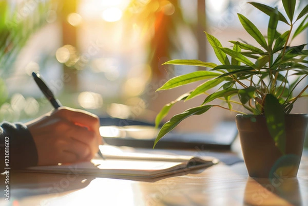 Fototapeta Hand writing in a notebook at a sunlit desk with a potted green plant, surrounded by a warm and peaceful atmosphere