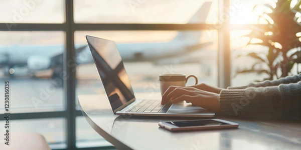 Fototapeta Person working on a laptop at an airport terminal table with a coffee cup and smartphone, sunlight streaming through large windows and planes visible outside