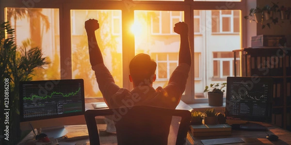 Fototapeta Man celebrating success at work in a modern office with financial charts on computer screens, illuminated by warm sunlight through large windows