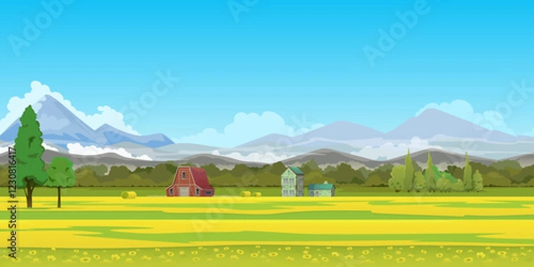 Fototapeta Nature and landscape. Farm in the field, blooming meadow, forest and mountain range on the horizon. Wooden farm, brick house, meadow for pasture with haystack, panoramic view. Vector cartoon