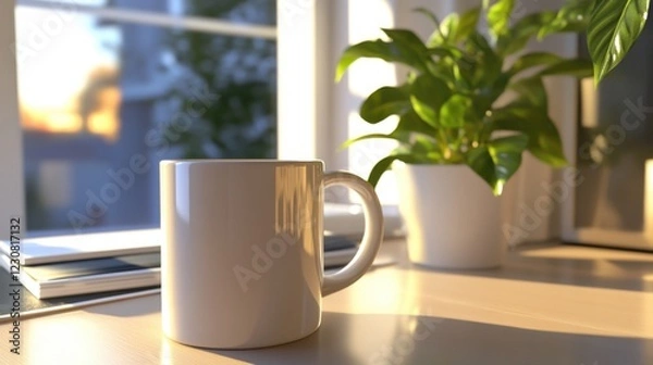 Fototapeta A big tea or coffee mug on a desk, with soft natural lighting accentuating the mug's shape and creating realistic reflections on the desk 