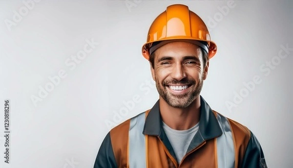 Fototapeta 黄色のヘルメットを被って作業着を着た作業員スタッフの白人男性の笑顔。AIで生成