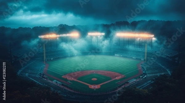 Obraz Baseball Stadium Under Stormy Sky at Night. Generative AI