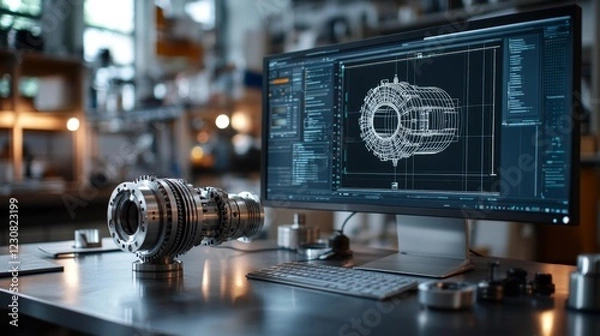 Obraz 3D Modeling Software and Mechanical Prototype in Modern Workspace. Generative AI