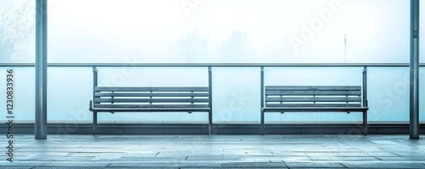 Fototapeta Isolated bus stop bench, metallic railings polished and unyielding, placed in a foggy industrial area, embodying cold functionality and exclusion