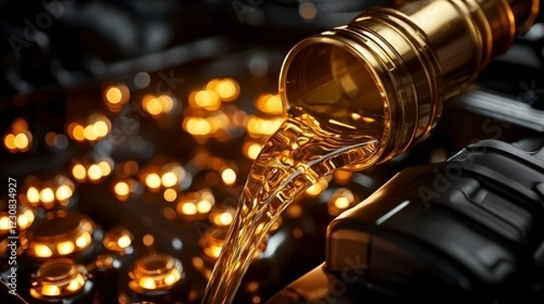 Obraz Detail shot of oil being poured into an engine with a gleaming funnel, emphasizing clean and professional service, maintenance concept