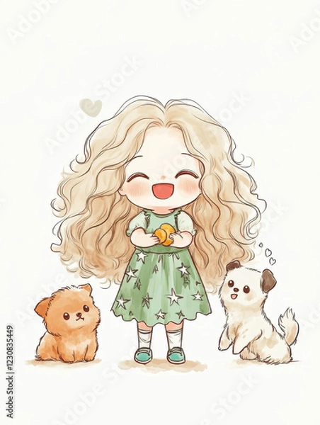 Obraz cheerful girl with curly hair holds toy surrounded by two cute dogs. scene radiates joy and warmth, perfect for pet lovers and children