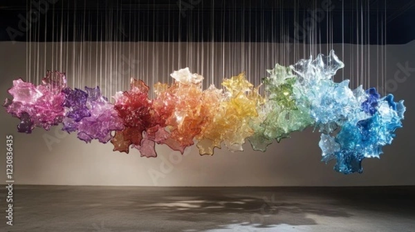 Obraz Colorful glass installation hangs from the ceiling in modern art gallery during daytime