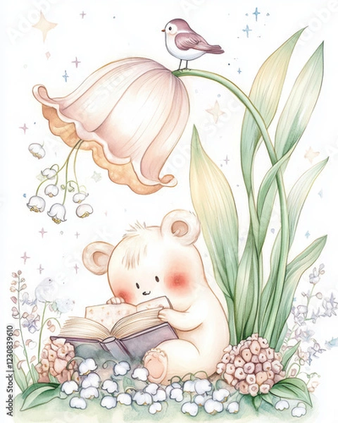 Fototapeta cute bear reading book under large flower with bird perched above. whimsical scene is filled with flowers and dreamy atmosphere, evoking sense of wonder and joy