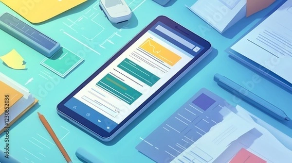 Fototapeta Digital Workspace with Mobile Device and Paperwork in a Flat Lay Perspective