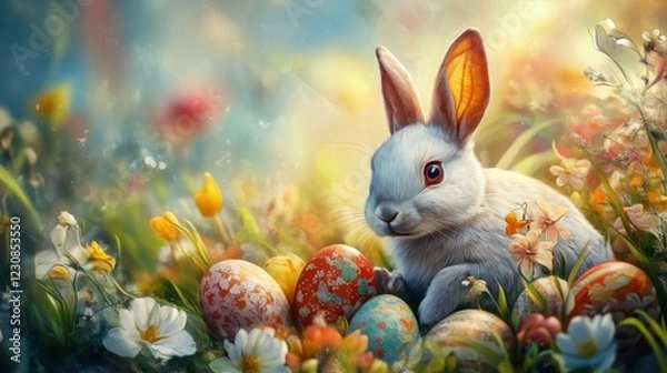 Fototapeta Fluffy White Rabbit Among Colorful Easter Eggs in Spring Meadow