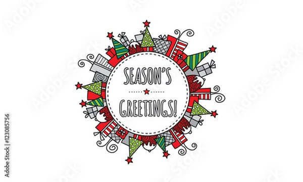 Fototapeta Season's Greetings Christmas doodle vector illustration with the words season's greetings in a circle surrounded by christmas trees, presents, puddings, and stars.