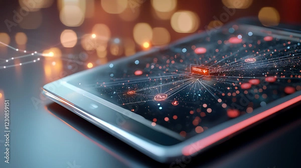 Fototapeta Digital tablet showcasing secure network connections modern office technology visualization abstract environment close-up view connectivity concept