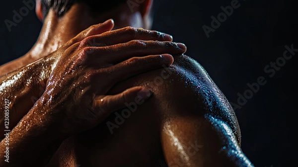 Fototapeta Close-Up of a Man's Shoulder with Water Drops and Soft Lighting