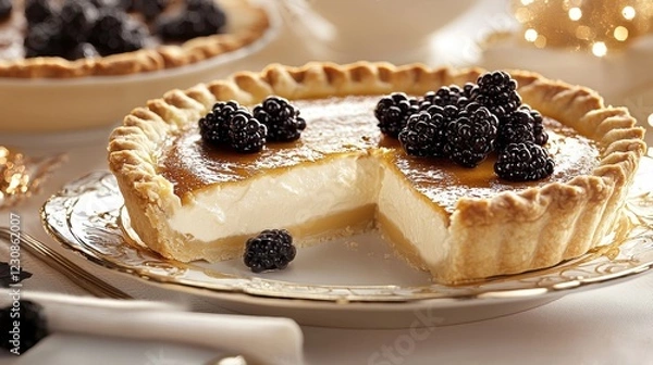 Fototapeta A festive Thanksgiving table adorned with classic desserts, focus on a buttermilk pie with a slice missing, showing its creamy texture, warm tones