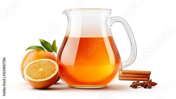 Fototapeta a festive glass pitcher filled with sparkling apple cider, surrounded by autumn decor, thanksgiving drink, realistic illustration, isolated on white background