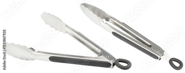 Fototapeta Tongs. Cooking kitchen tongs with soft-grip silicone handles. Durable stainless steel tongs with locking for cooking. Tongs with silicone rubber grips and metal tips for BBQ. Kitchenware for kitchen