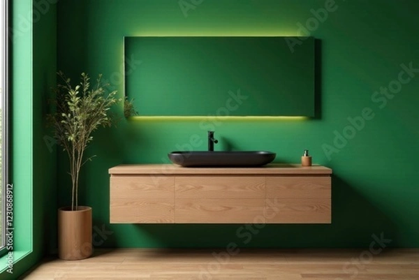 Fototapeta Wooden vanity with green tone walls and black sink, wood, high gloss, green