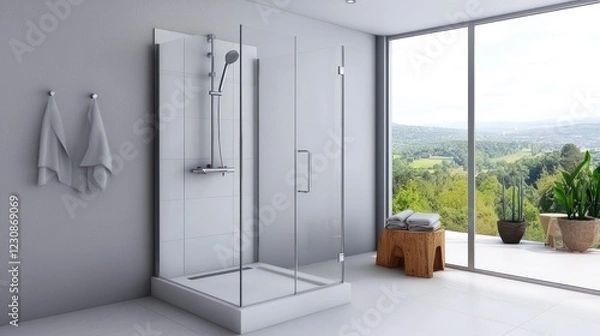 Fototapeta Modern Glass Shower Enclosure in Minimalist Bathroom with Scenic View