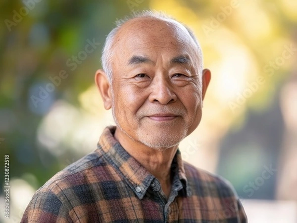 Fototapeta dignified portrait of elderly asian man with weathered features, gentle smile lines, and wise eyes, captured in warm natural lighting with shallow depth of field