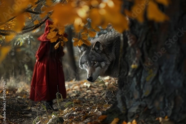 Fototapeta The Big Bad Wolf lurking behind a tree, watching Little Red Riding Hood from the shadows 