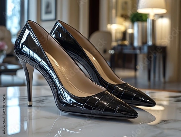 Fototapeta Elegant Black High Heels Displayed on a Polished Marble Surface in a Luxurious Setting Showcasing Classic Design and Sophisticated Craftsmanship