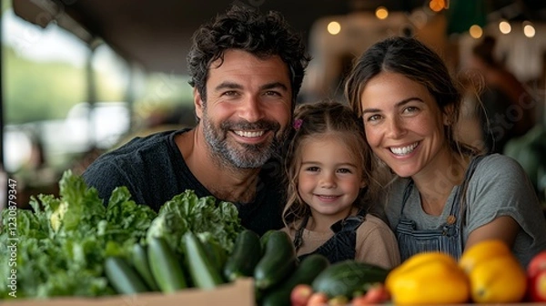 Fototapeta Family Enjoying a Sunny Day at a Local Farmers Market While Selecting Fresh Organic Vegetables and Fruits