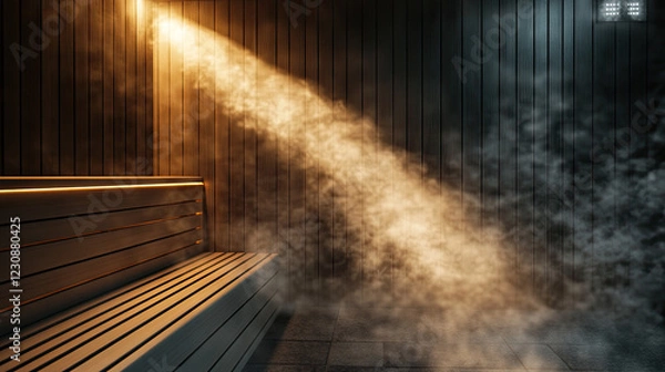 Fototapeta Warm Light Illuminating Misty Space with Wooden Bench and Wall Panels