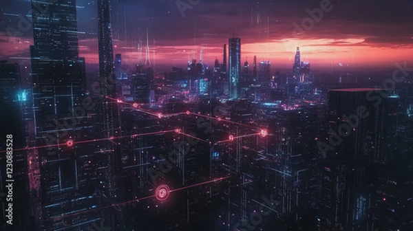 Fototapeta Abstract business man stands on Smart digital Innovation city with connection network reciprocity over the twilight cityscape. of future wireless digital city and social media networking systems