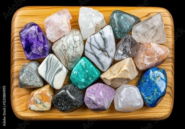 Obraz Collection of tumbled gemstones on wooden board