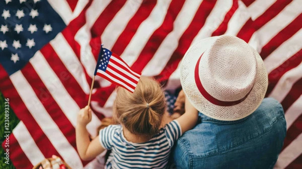 Fototapeta A child and an adult enjoy a moment together, holding miniature American flags while seated on a red and white striped picnic blanket.
