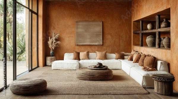 Fototapeta Warm earth-toned living room with woven textures, rustic decor, large windows, and cozy seating area for relaxed atmosphere