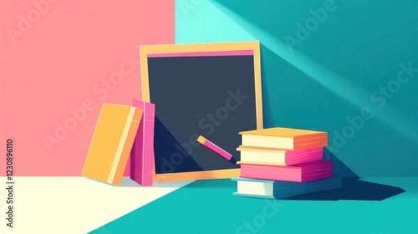 Fototapeta Colorful Learning Space with Books and Chalkboard in Minimal Style