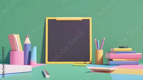 Fototapeta Colorful Stationery Arrangement with Blank Chalkboard and Background