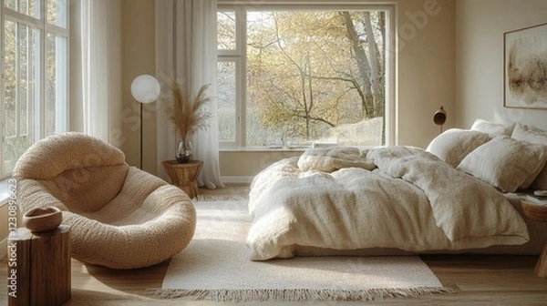 Fototapeta Cozy Scandinavian Bedroom with Soft Beige Tones and Natural Light. Generative AI