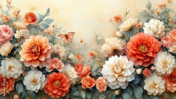 Obraz Vintage watercolor floral arrangement with butterflies. Generative AI