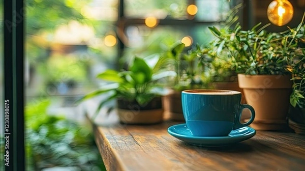 Fototapeta A nature-inspired caf setting with a wooden table, coffee cup, and potted plants, all bathed in warm, natural sunlight.