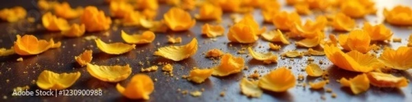 Obraz Yellow and orange marigold petals scattered on a table top, natural, decorative