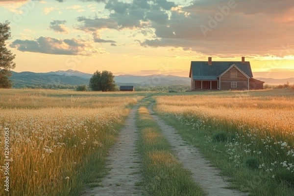 Fototapeta Golden wheat field with a barn under a cloudy evening sky