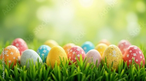 Fototapeta Colorful Easter eggs hiding in green grass on blurred background. Easter landscape. Spring background with copy space for greeting card, banner, poster, wallpaper