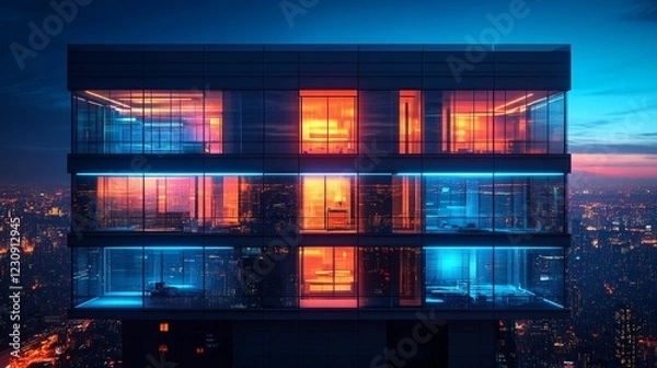 Fototapeta Futuristic city building with glowing lights and high-tech windows at night. Generative AI