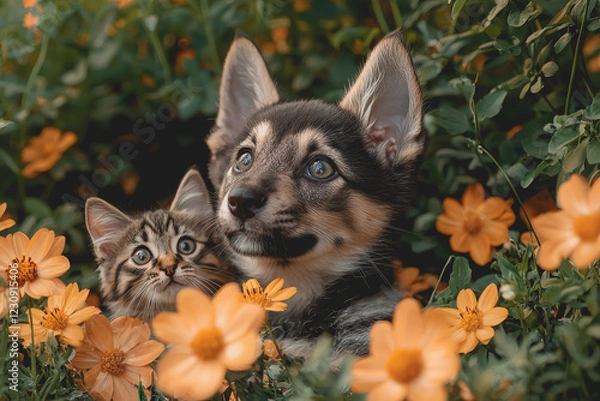 Fototapeta Two playful kittens exploring a vibrant field filled with colorful flowers under a bright blue sky during a sunny day