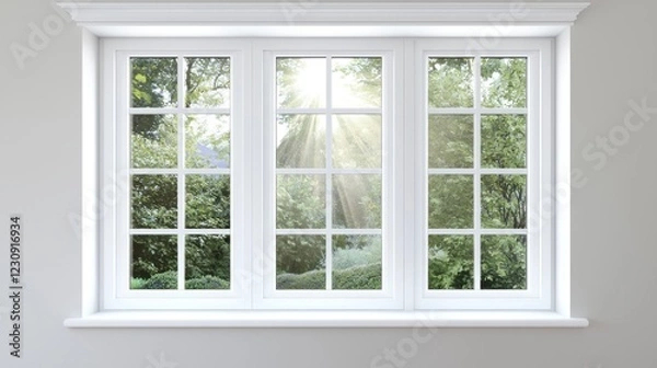 Fototapeta White Window Frame with Green Trees and Sunlight
