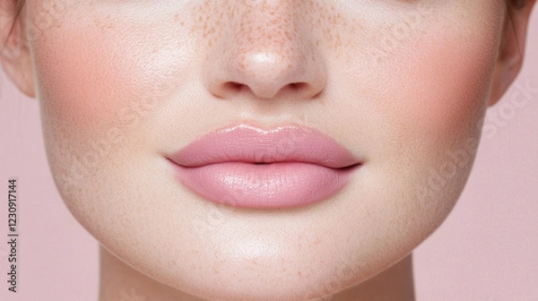 Fototapeta Beautifully plump and well defined lips with soft pink hue, showcasing flawless complexion and subtle freckles, creating fresh and inviting look
