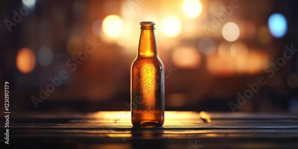 Fototapeta cold beer bottle with condensation stands on wooden table, illuminated by warm bokeh lights in background, creating cozy atmosphere