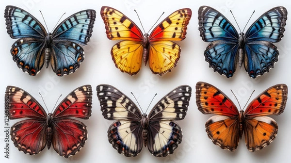 Fototapeta Colorful butterflies displayed on white background, showcasing vibrant patterns and details. These insects represent beauty and diversity in nature